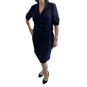 London Times Womens Dress Navy Blue Short Sleeve Crepe Stretch Button  Sz 14 NWT